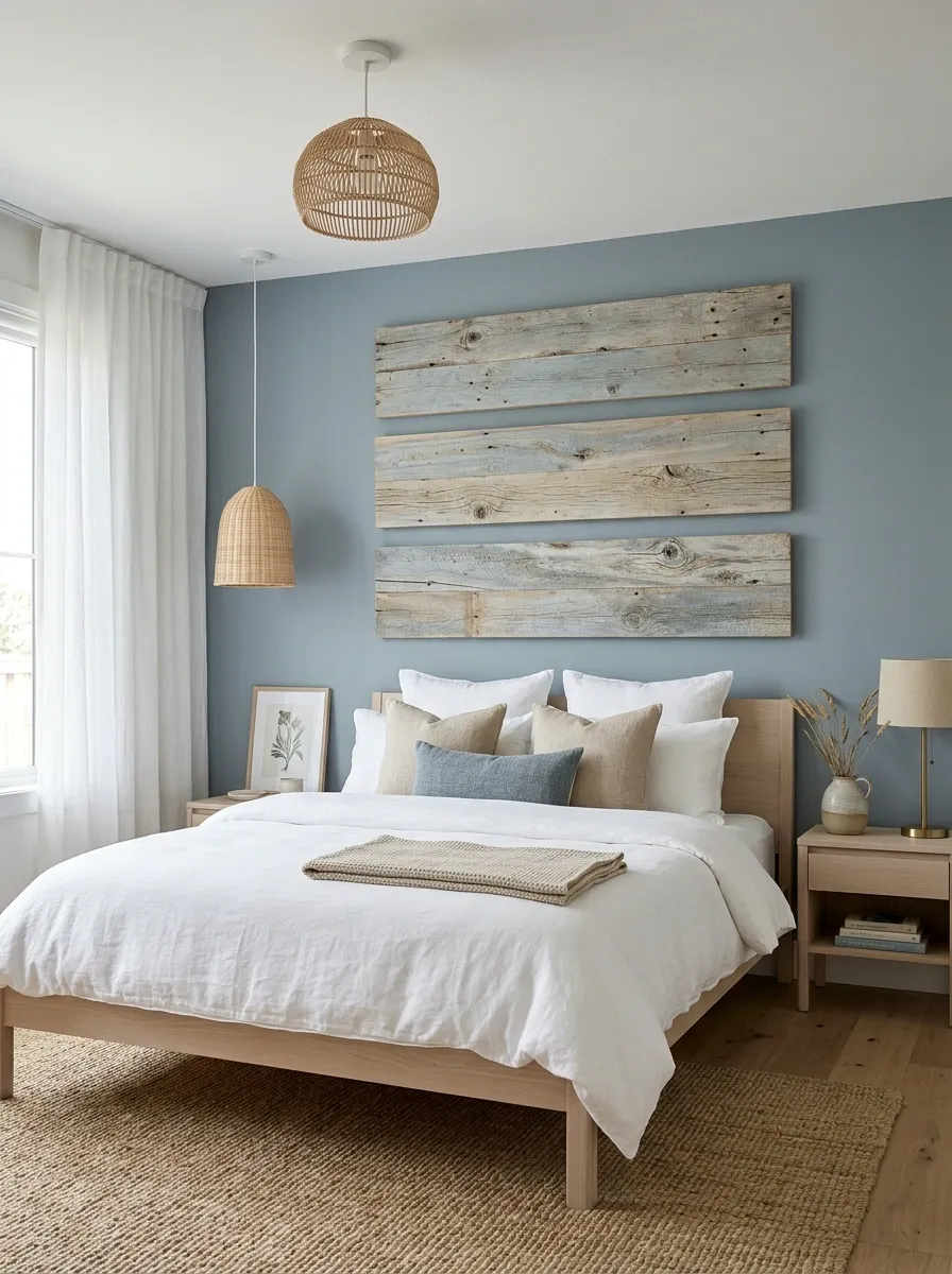 Coastal Bedroom With Three Weathered Wood Panels