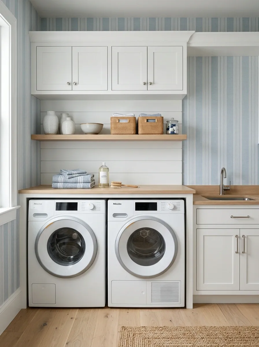 Coastal Blue Stripe With White Shiplap Cabinetry