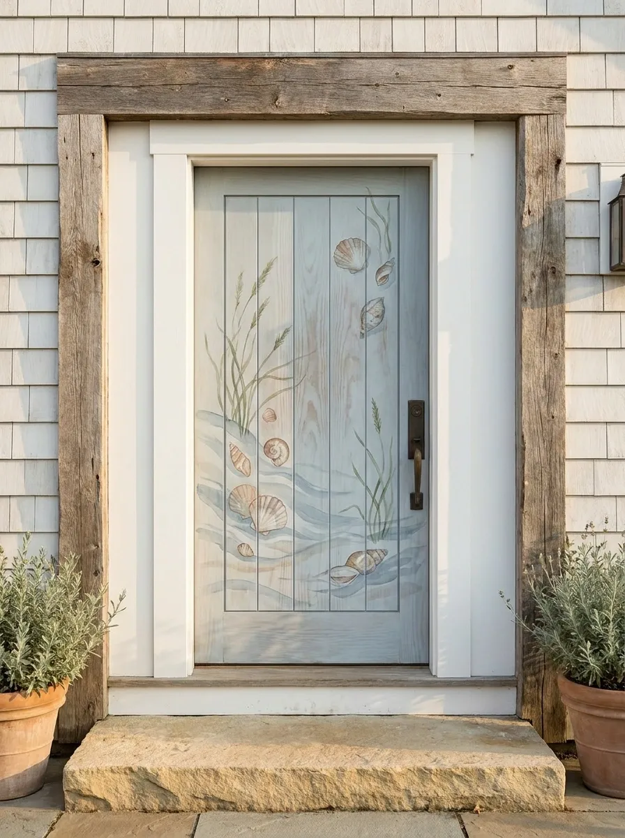 Coastal Cottage Door With Soft Watercolor Shell Motifs