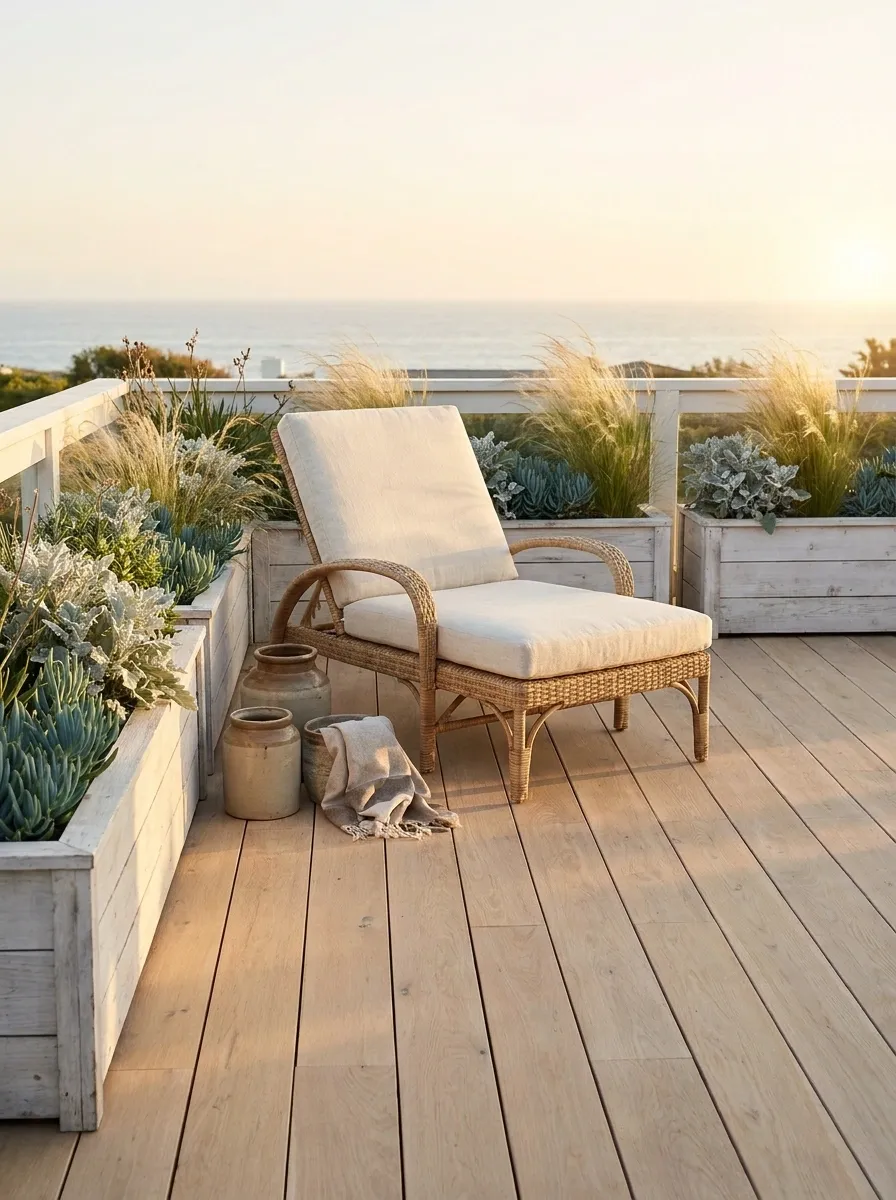 Coastal Deck With Weathered White Planters and Airy Grasses