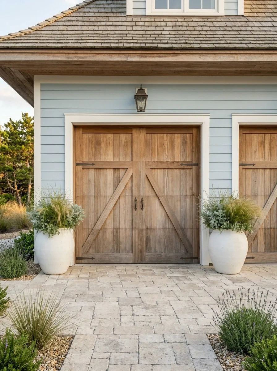 Coastal Garage With White Pots and Soft Blue-Green Planting