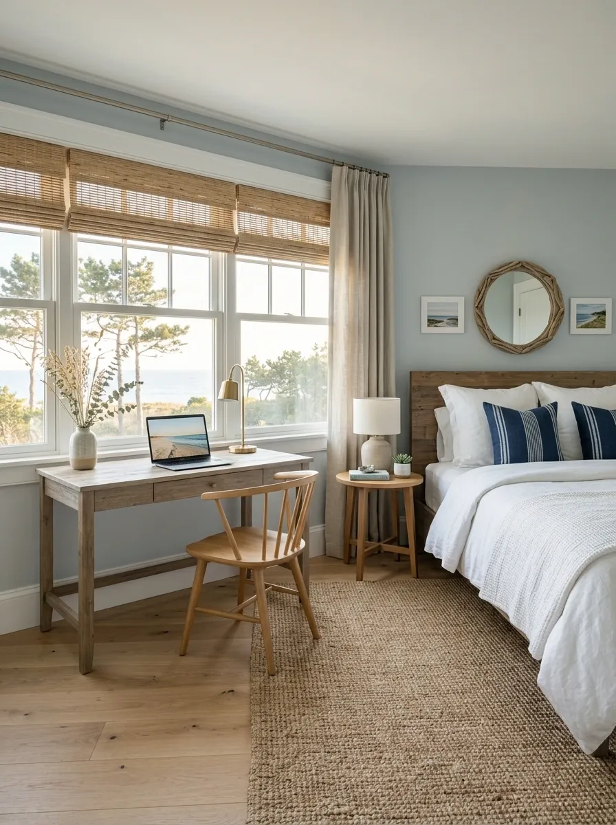 Coastal Guest Room With a Breezy Window Desk