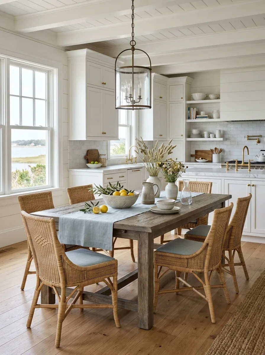 Coastal Kitchen With Weathered Wood Table