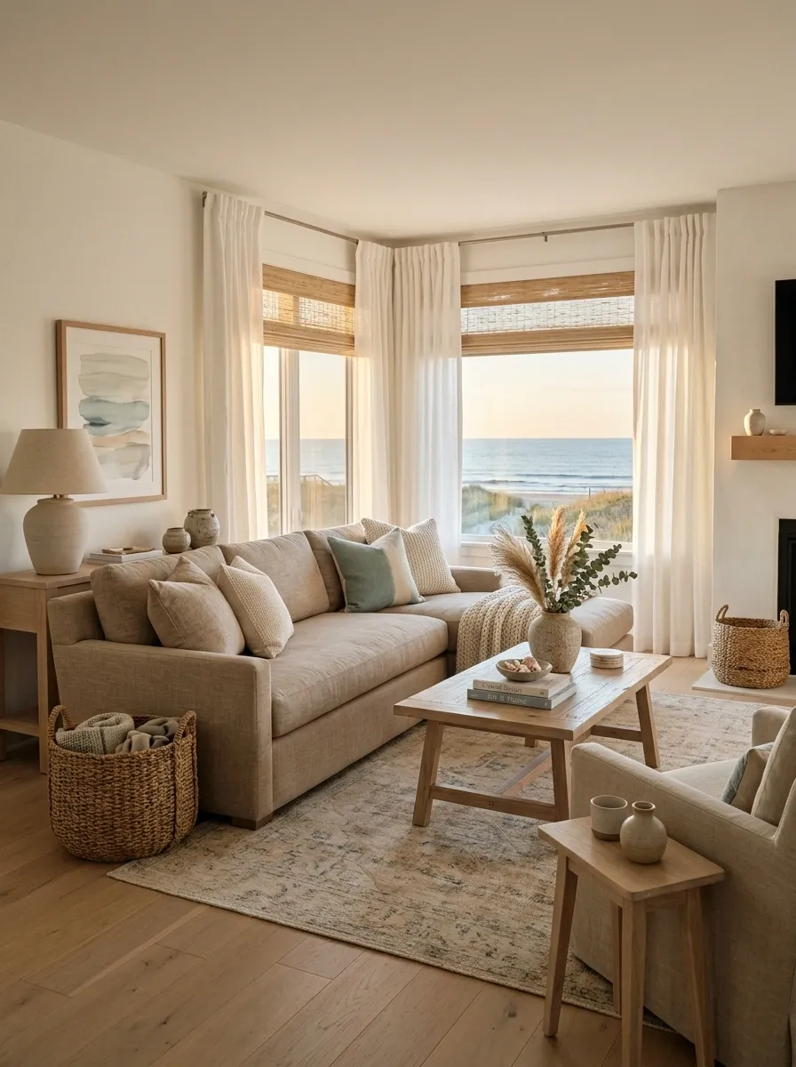 Coastal Living Room With a Sandy Brown Sofa