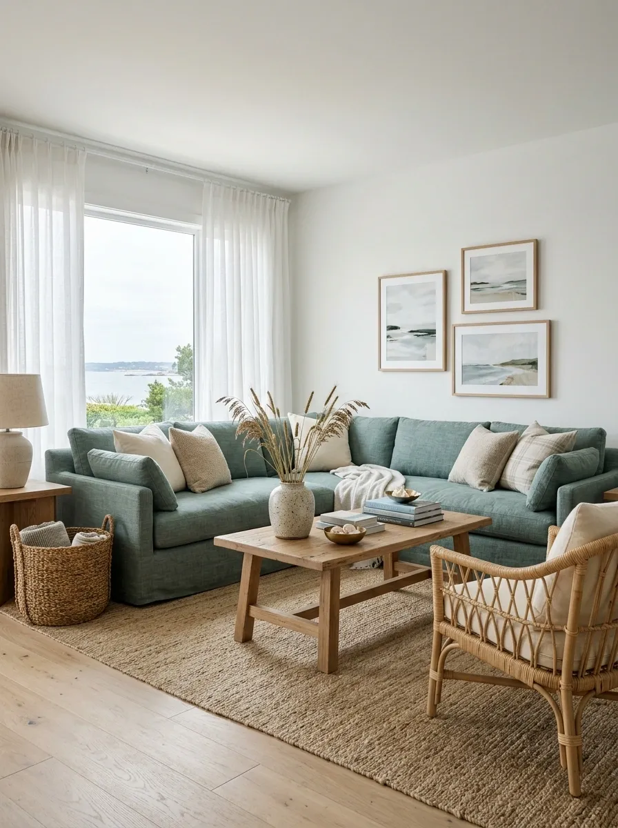 Coastal Living Room With a Soft Sea-Green Sofa