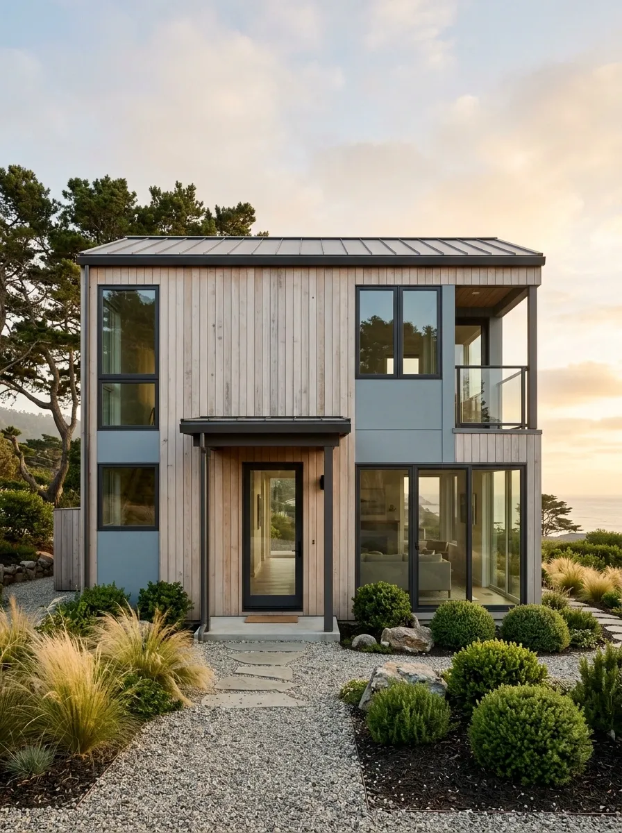 Coastal Modern House With Pale Wood and Blue-Gray Accents