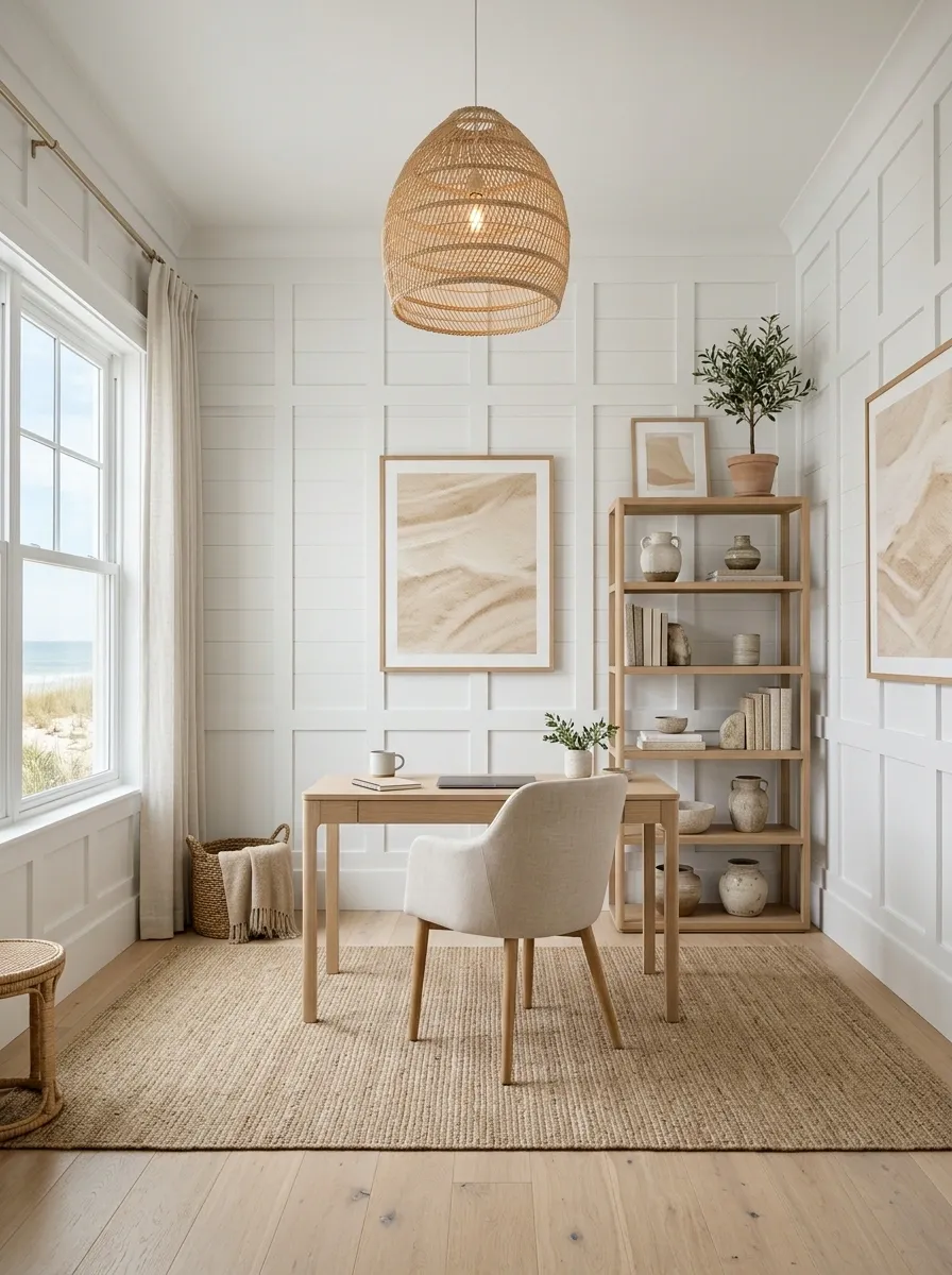 Coastal Office With White Paneling and Natural Textures