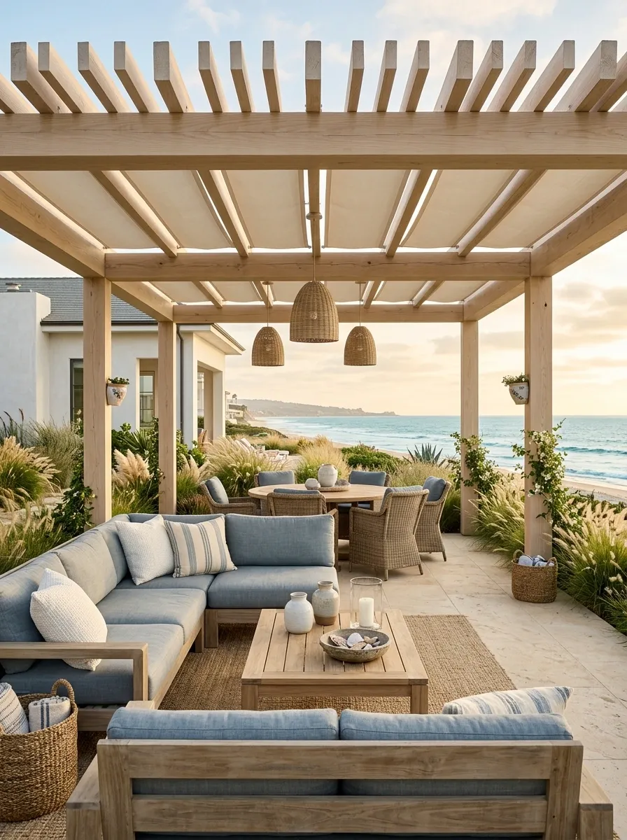 Coastal Pergola With a Pale Timber Roof