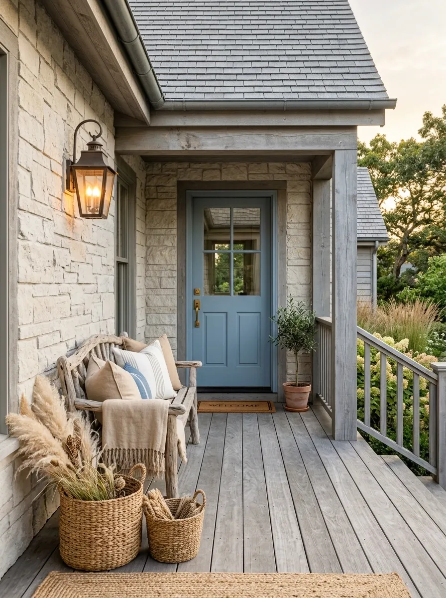 Coastal Porch With Sand, Driftwood, and Dusty Blue