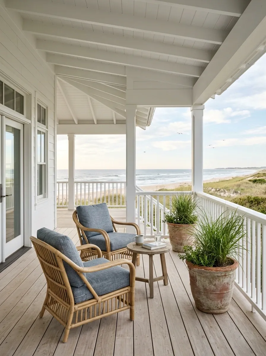 Coastal Porch With White Railings, Pale Wood, and Blue Accents