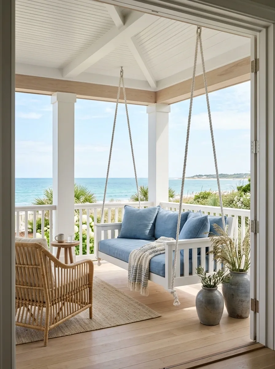 Coastal Porch With White Rope Swing and Washed Blue Textiles