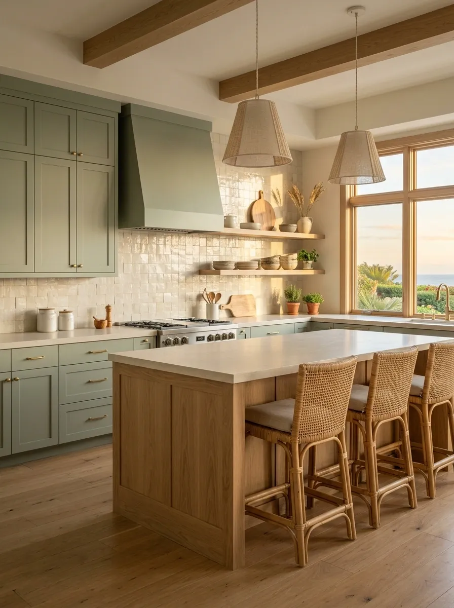 Coastal Sage Kitchen With White Oak and Handmade Tile