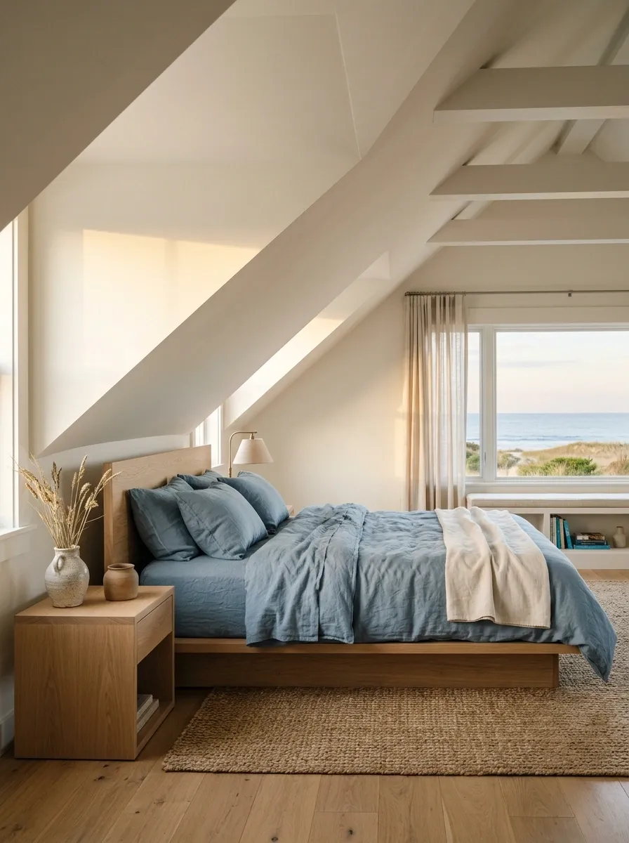 Coastal Sloped-Ceiling Bedroom With White Oak and Soft Blue