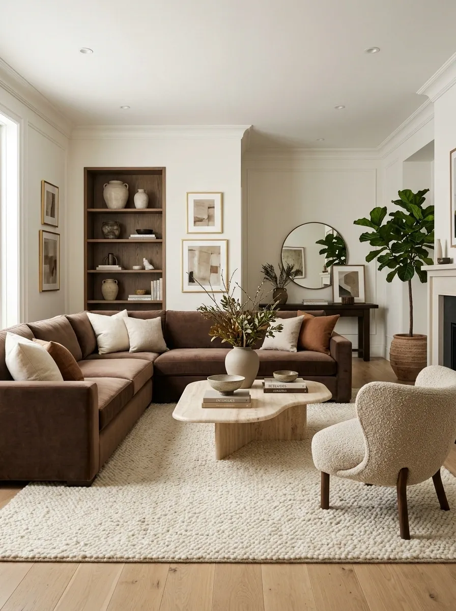 Cocoa Brown Sectional With Cream Rug and Sculptural Stone Table