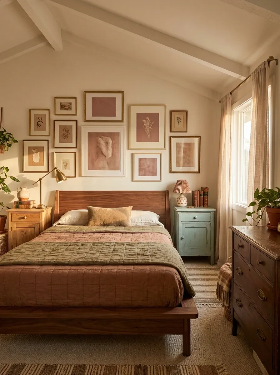 Collected Bedroom With Thrifted Furniture and Personal Artwork