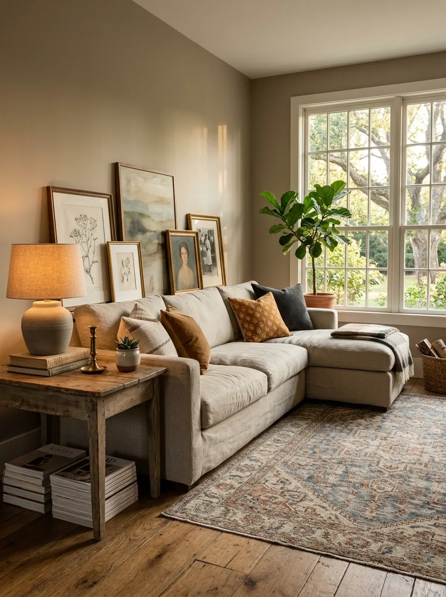 Collected Corner Sofa Room With Books, Art, and Personal Layers