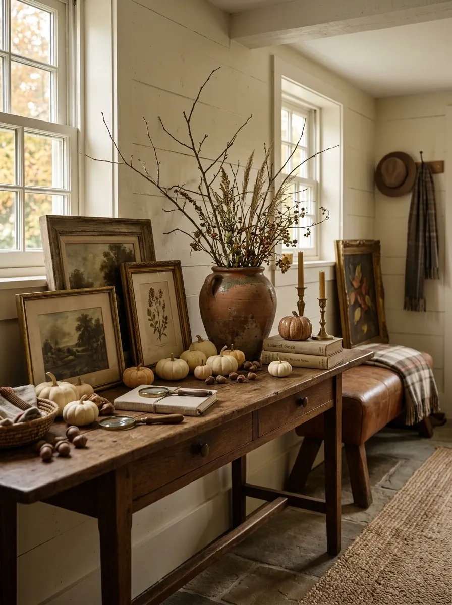 Collected Cottage Entry With Vintage Frames and Miniature Gourds