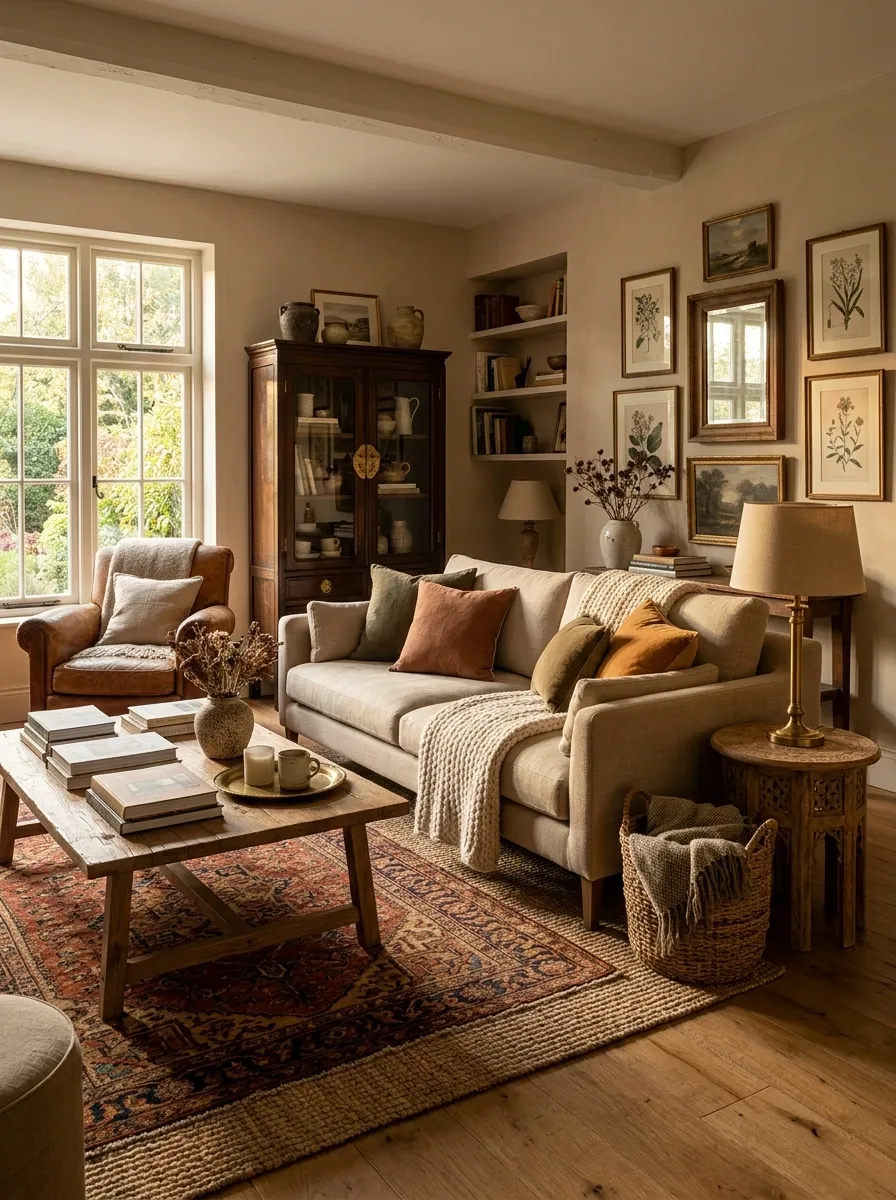 Collected Cozy Home With Mixed Woods, Vintage Pieces, and Modern Upholstery