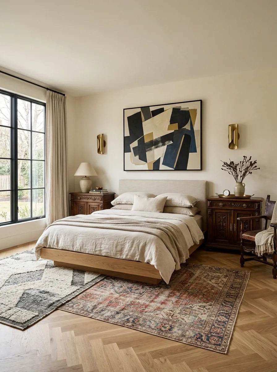 Collected Eclectic Bedroom With Layered Rugs, Antique Cabinetry, and Contemporary Art
