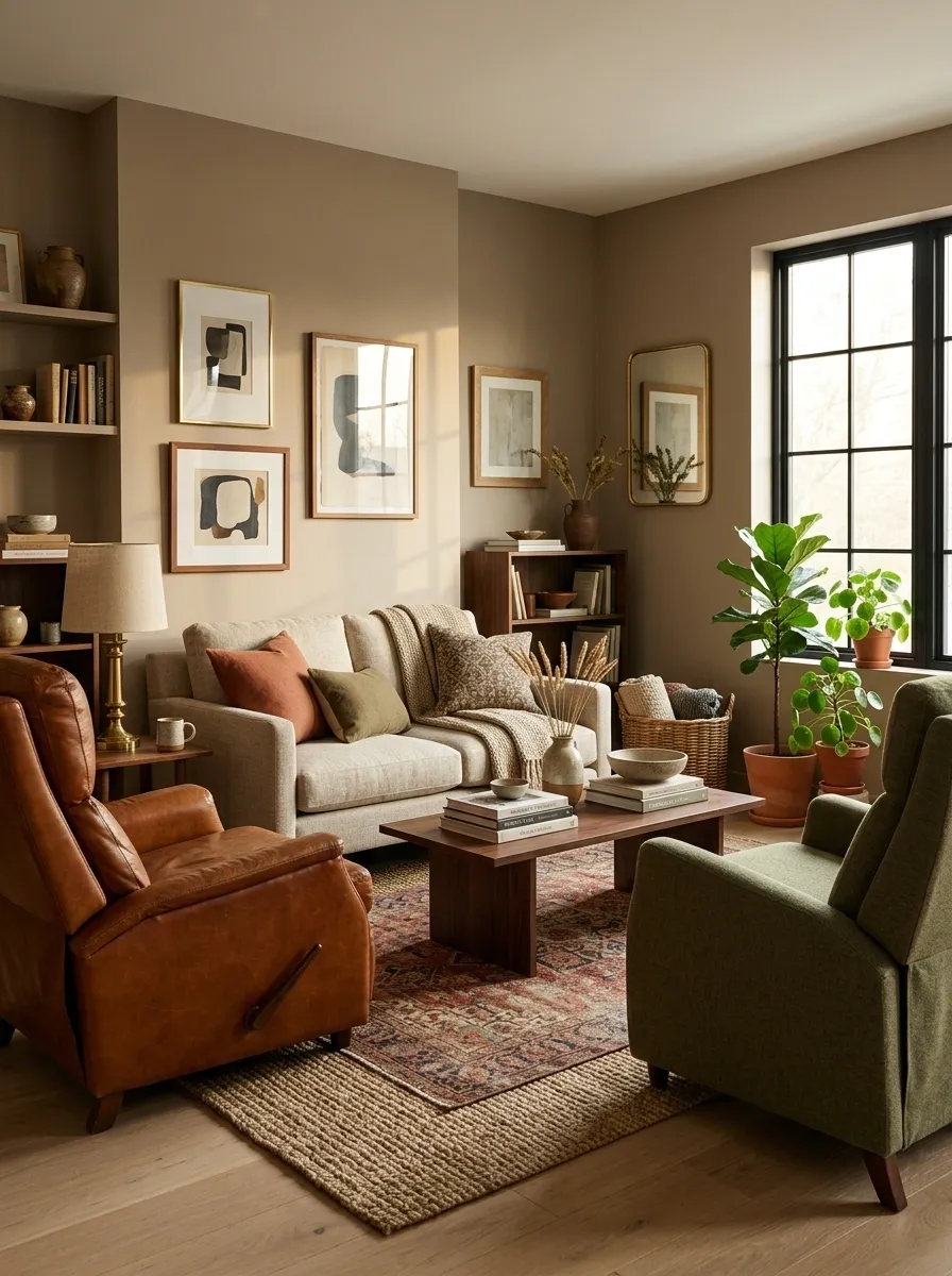 Collected Eclectic Living Room With Mixed Recliner Styles