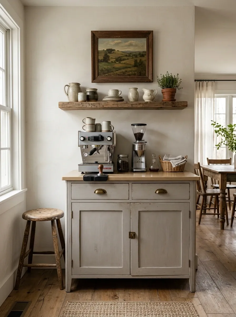 Collected Farmhouse Coffee Bar With Vintage Furniture Mix