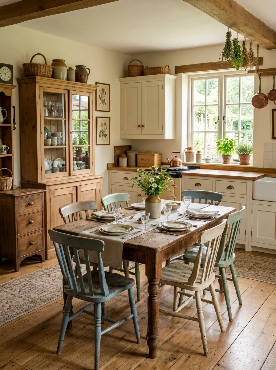 Collected Kitchen With Mismatched Chairs and Freestanding Furniture