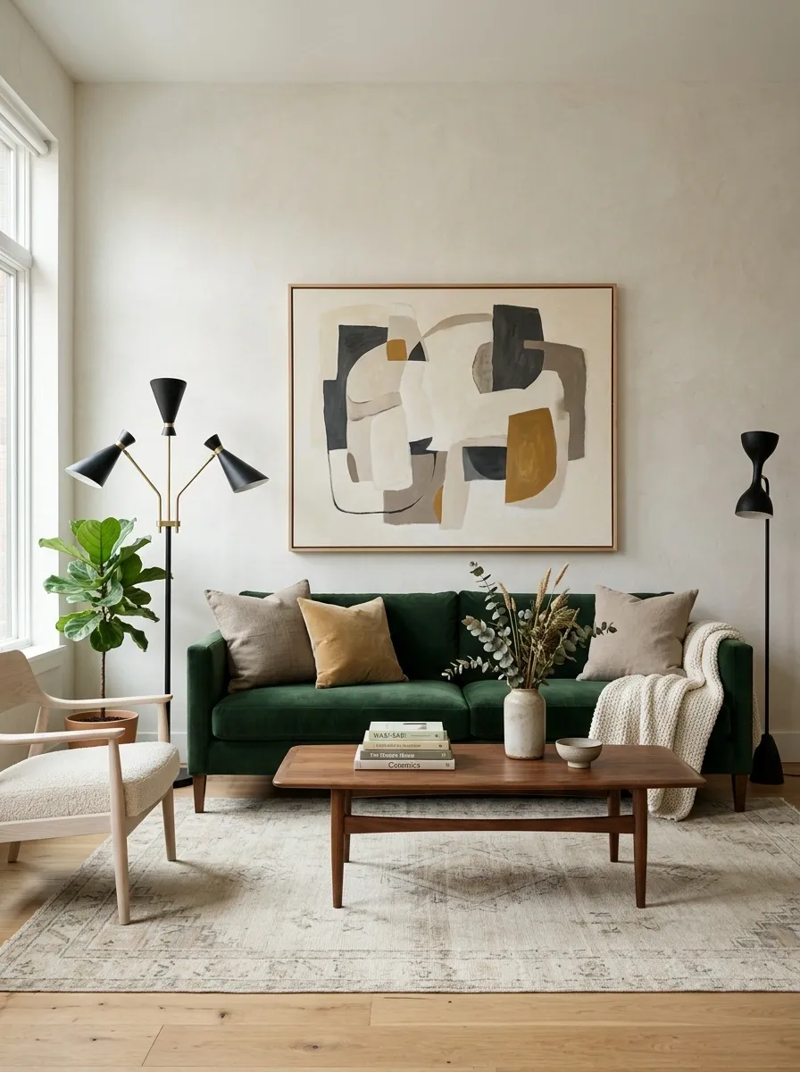 Collected Modern Living Room With a Rich Green Sofa and Oversized Art