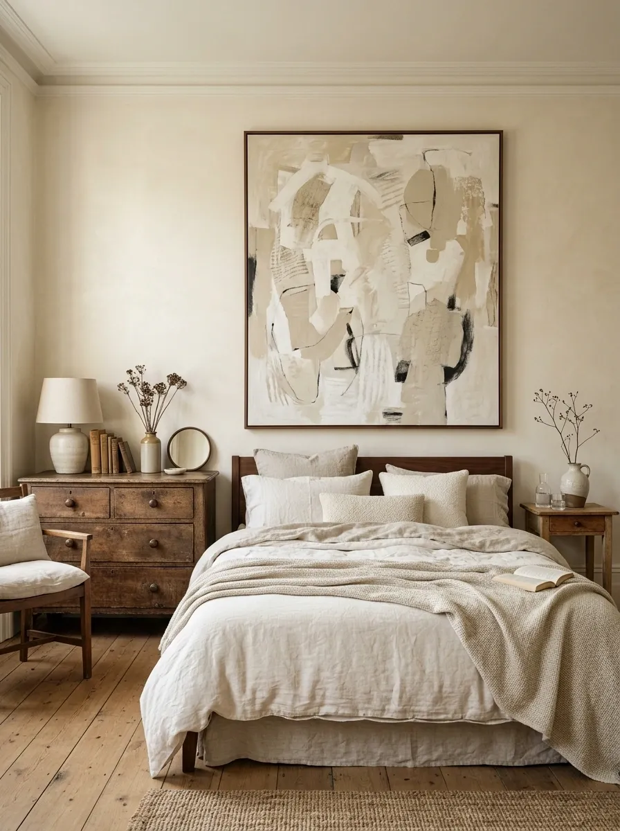 Collected Neutral Bedroom With Vintage Wood and Oversized Abstract Art
