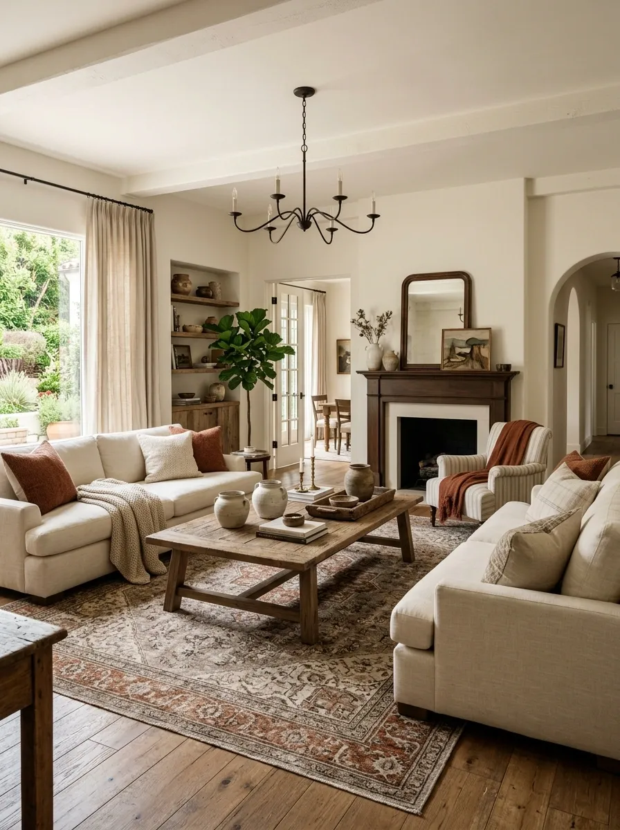 Collected Neutral Living Room With a Strong Central Rug