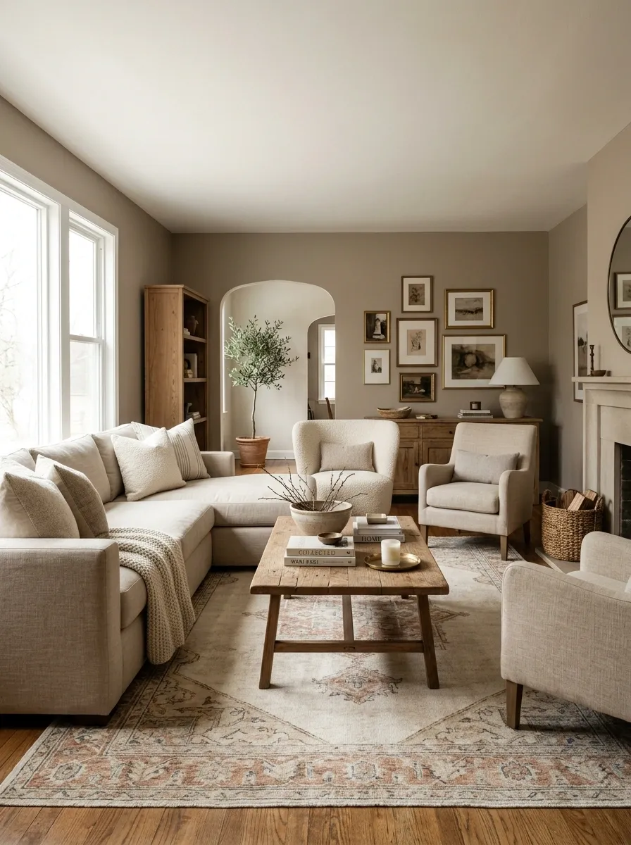 Collected Neutral Living Room With Sectional, Vintage Rug, and Mixed Seating