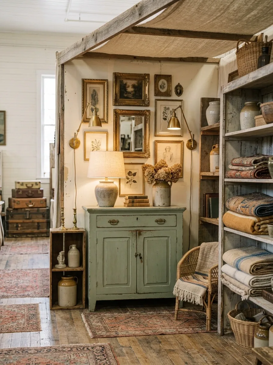 Collected Vintage Booth With Painted Furniture and Antique Details