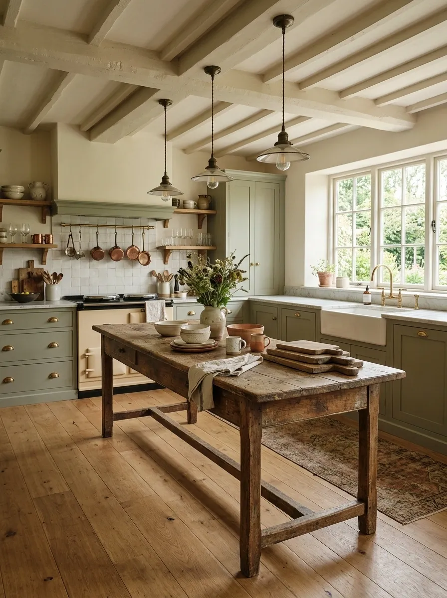 Collected Vintage Kitchen With a Long Wooden Worktable