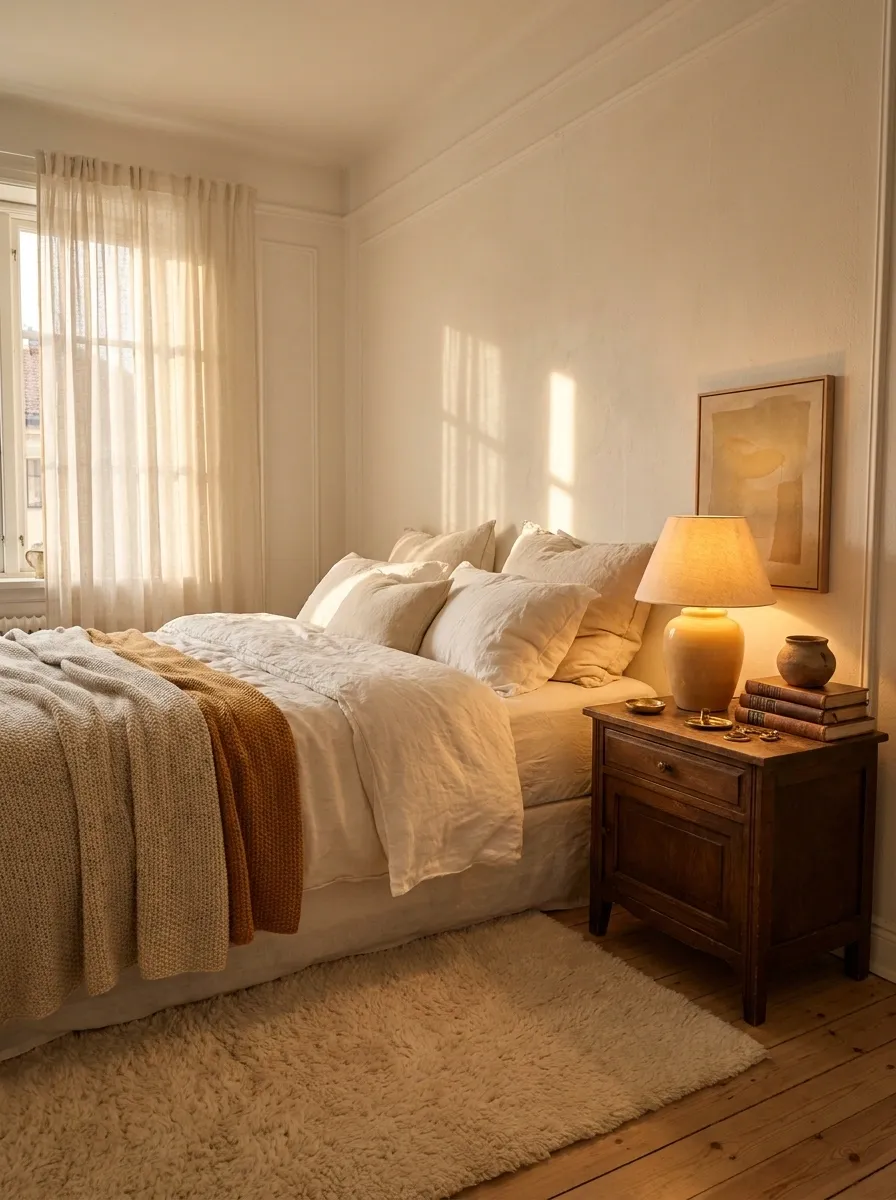 Collected White Bedroom With Layered Wood, Linen, and Personal Details