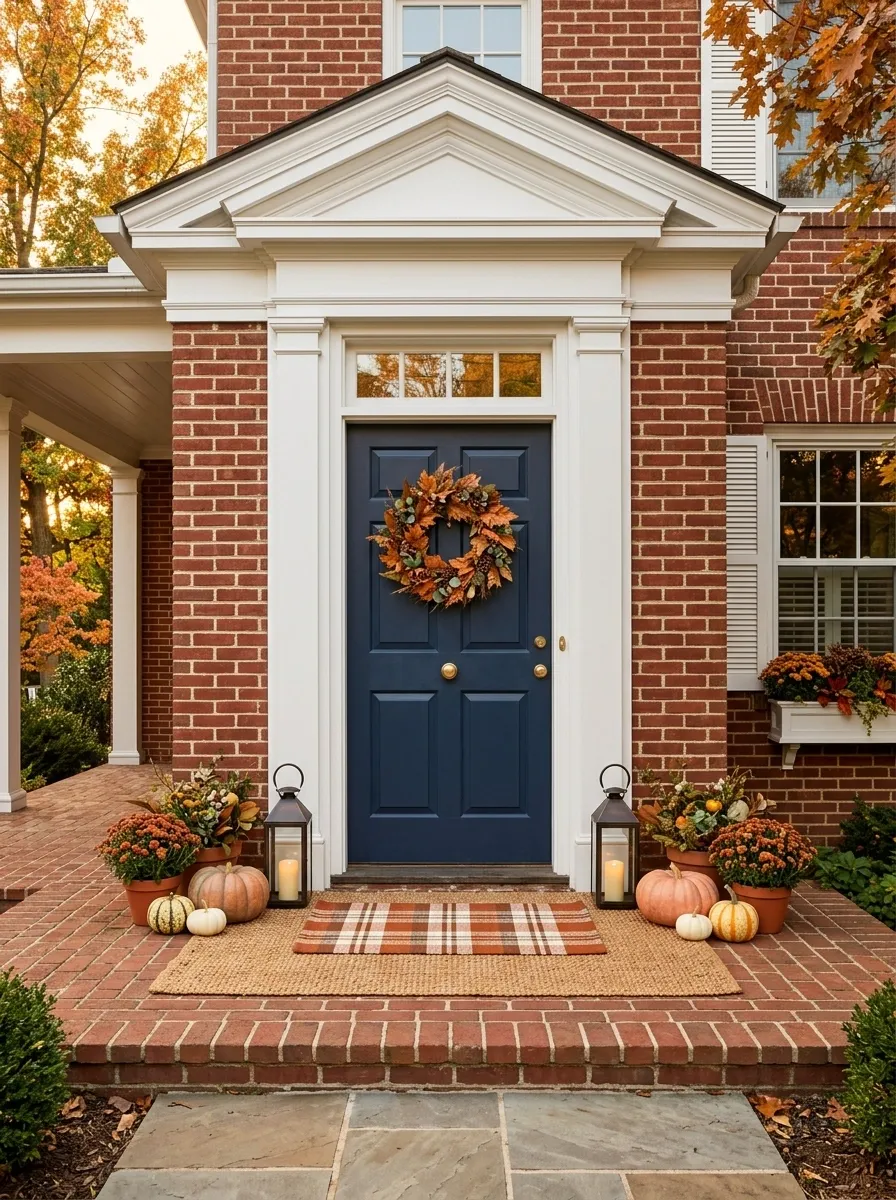 Colonial Door With Traditional Autumn Wreath and Layered Mats