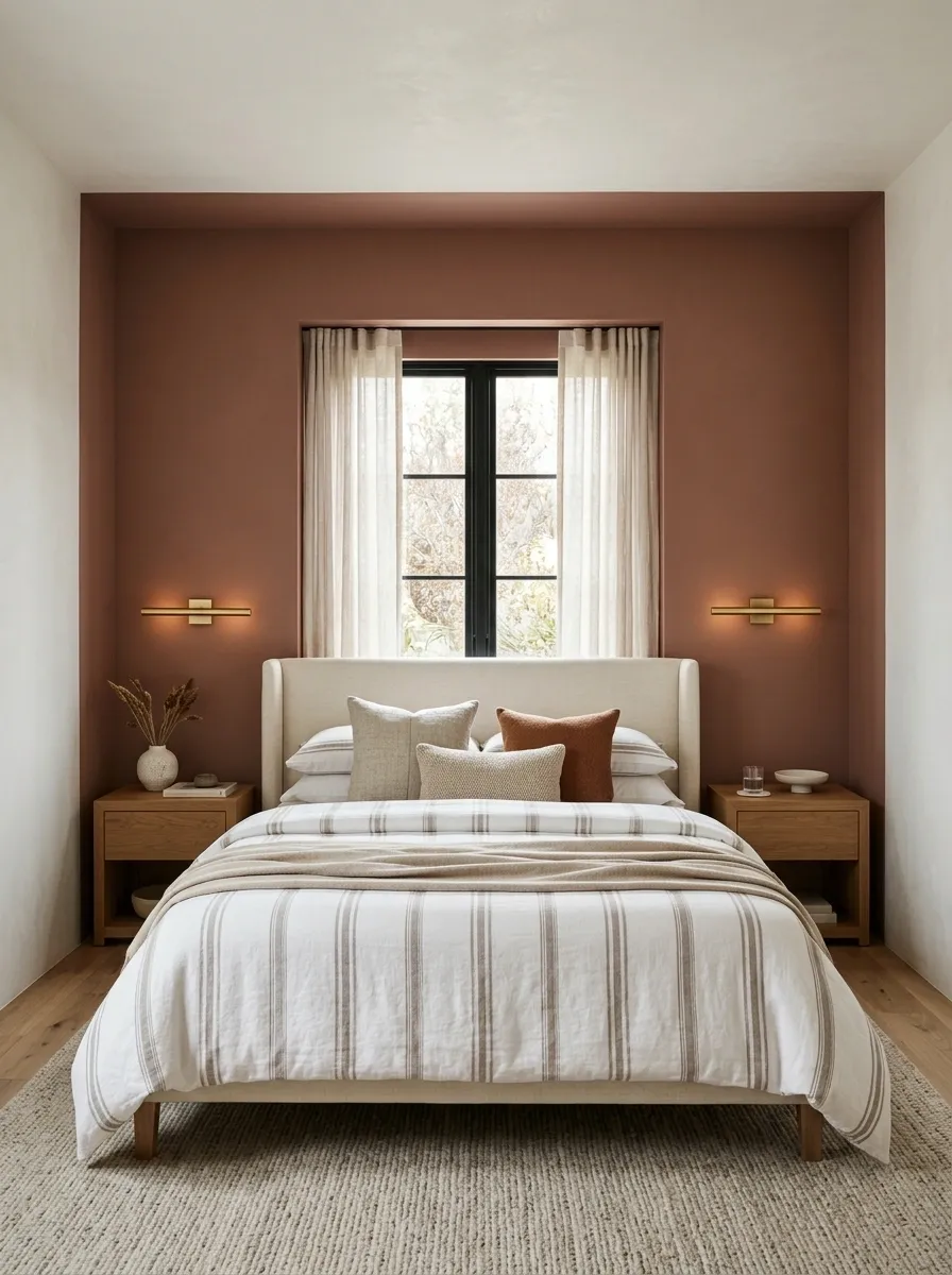 Color-Blocked Bedroom With a Window Framed in Dusty Clay
