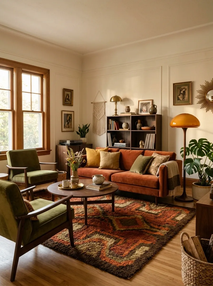 Colorful 1970s Apartment With Rust, Olive, and Cream