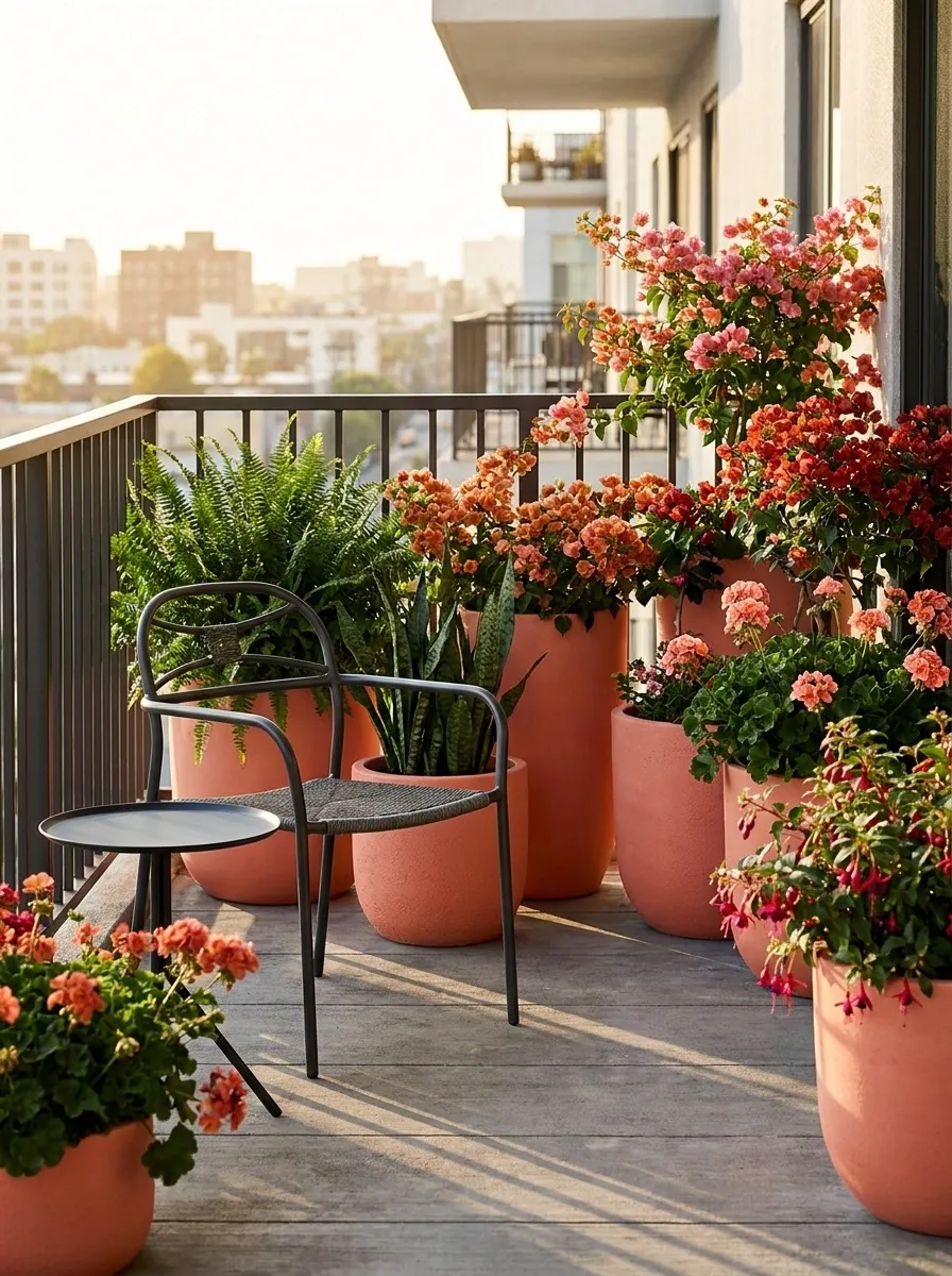 Colorful Balcony With Coral Planters and Flowering Plants