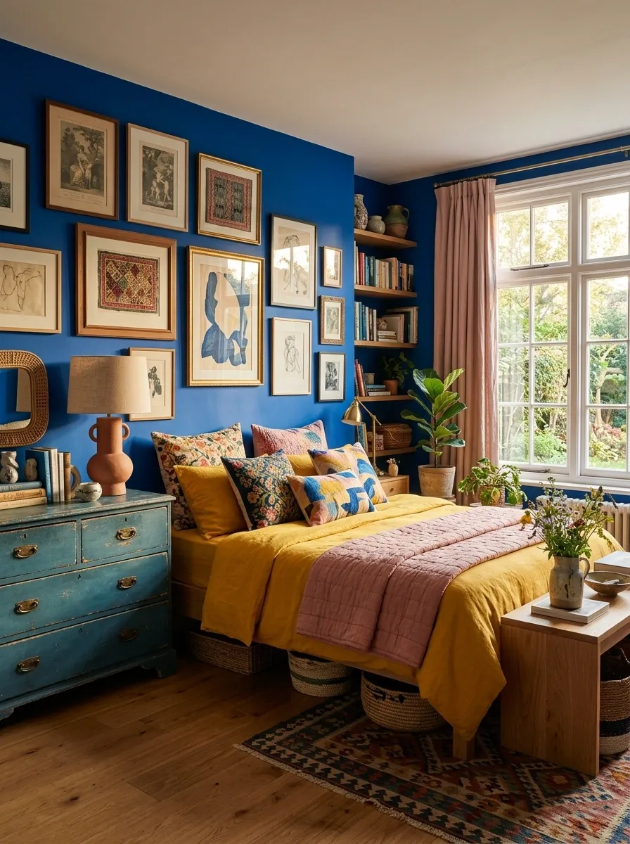 Colorful Eclectic Bedroom With Cobalt Blue, Marigold, and Pink
