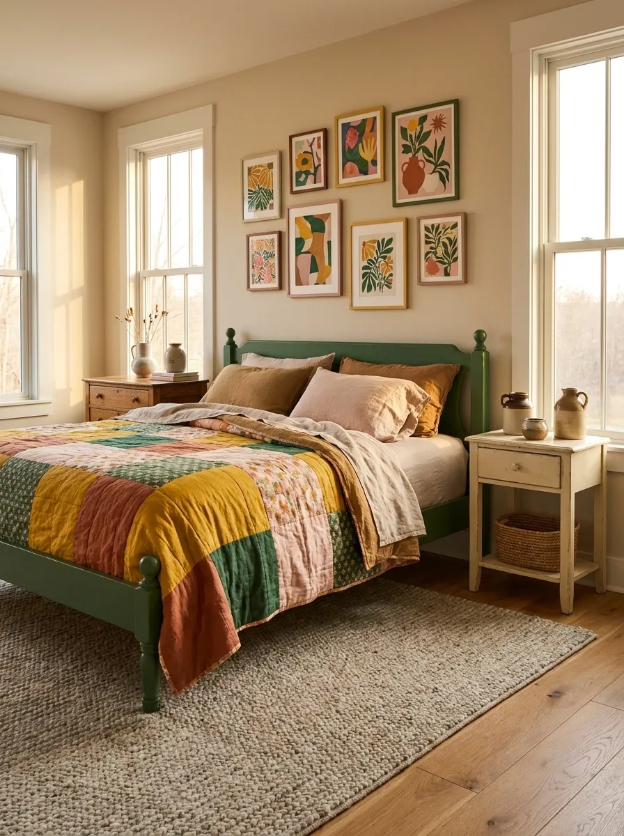 Colorful Eclectic Bedroom With Patterned Bedding and Artful Walls