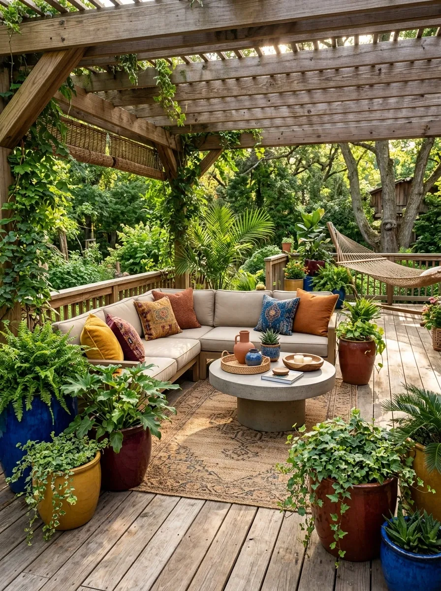 Colorful Eclectic Deck With Jewel-Toned Containers and Rich Planting