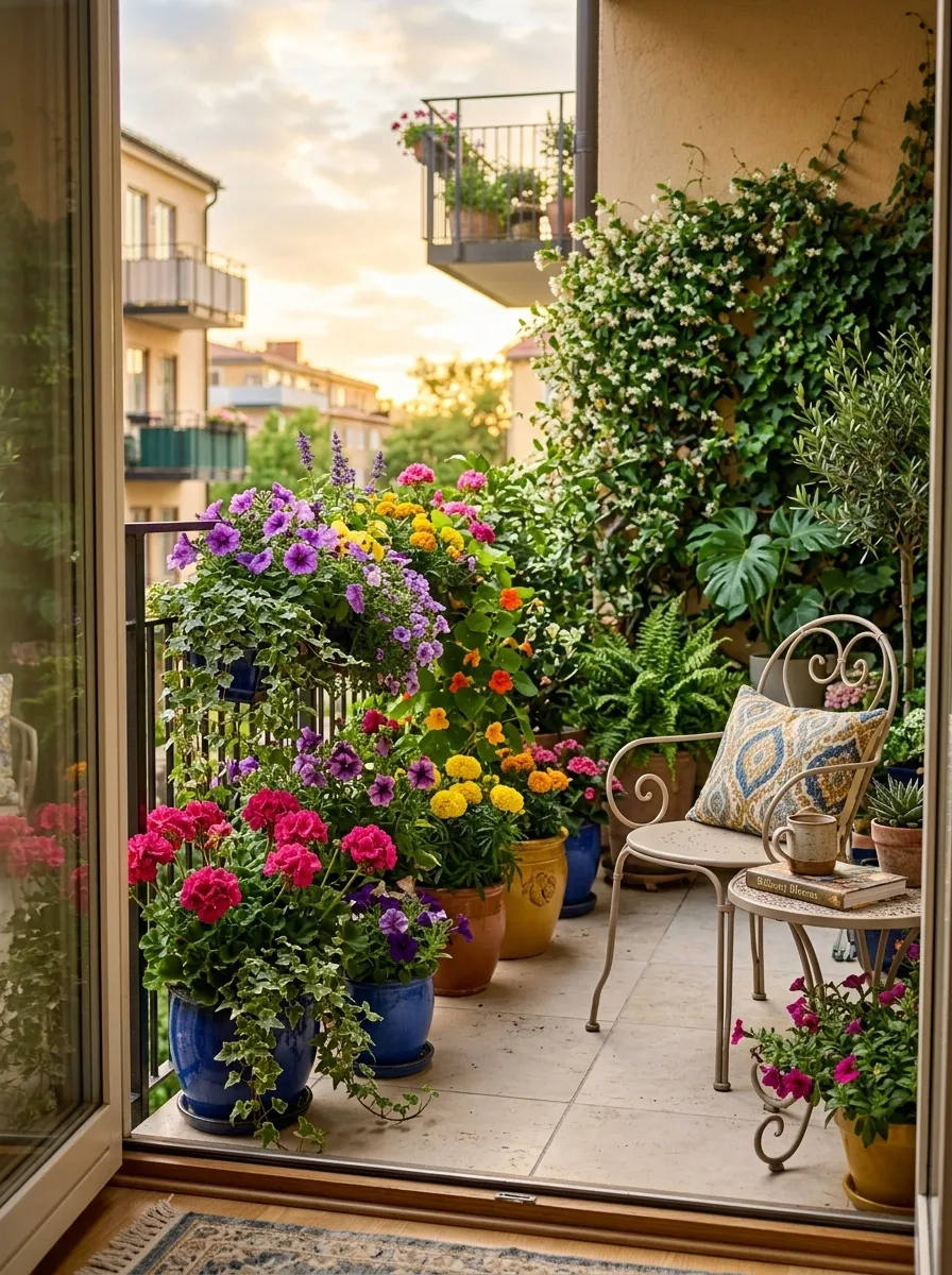 Colorful Flower Balcony With Saturated Pots and Green Foliage