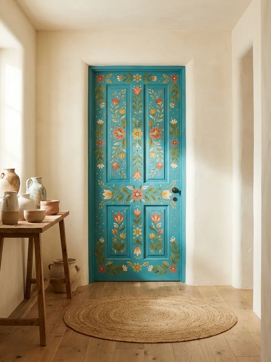 Colorful Folk-Art Door With Layered Geometric Flowers