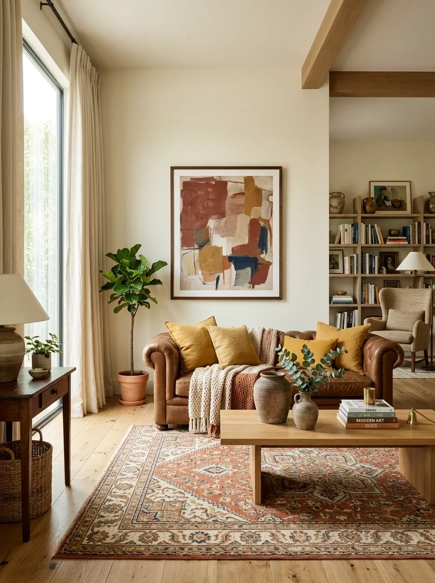 Colorful Living Room With a Brown Sofa and Mustard Accents