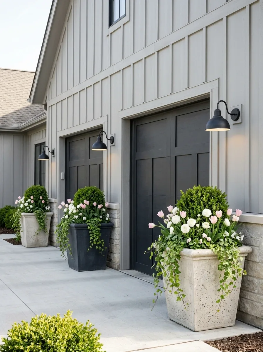 Colorful Seasonal Garage Front With Rotating Flower Containers
