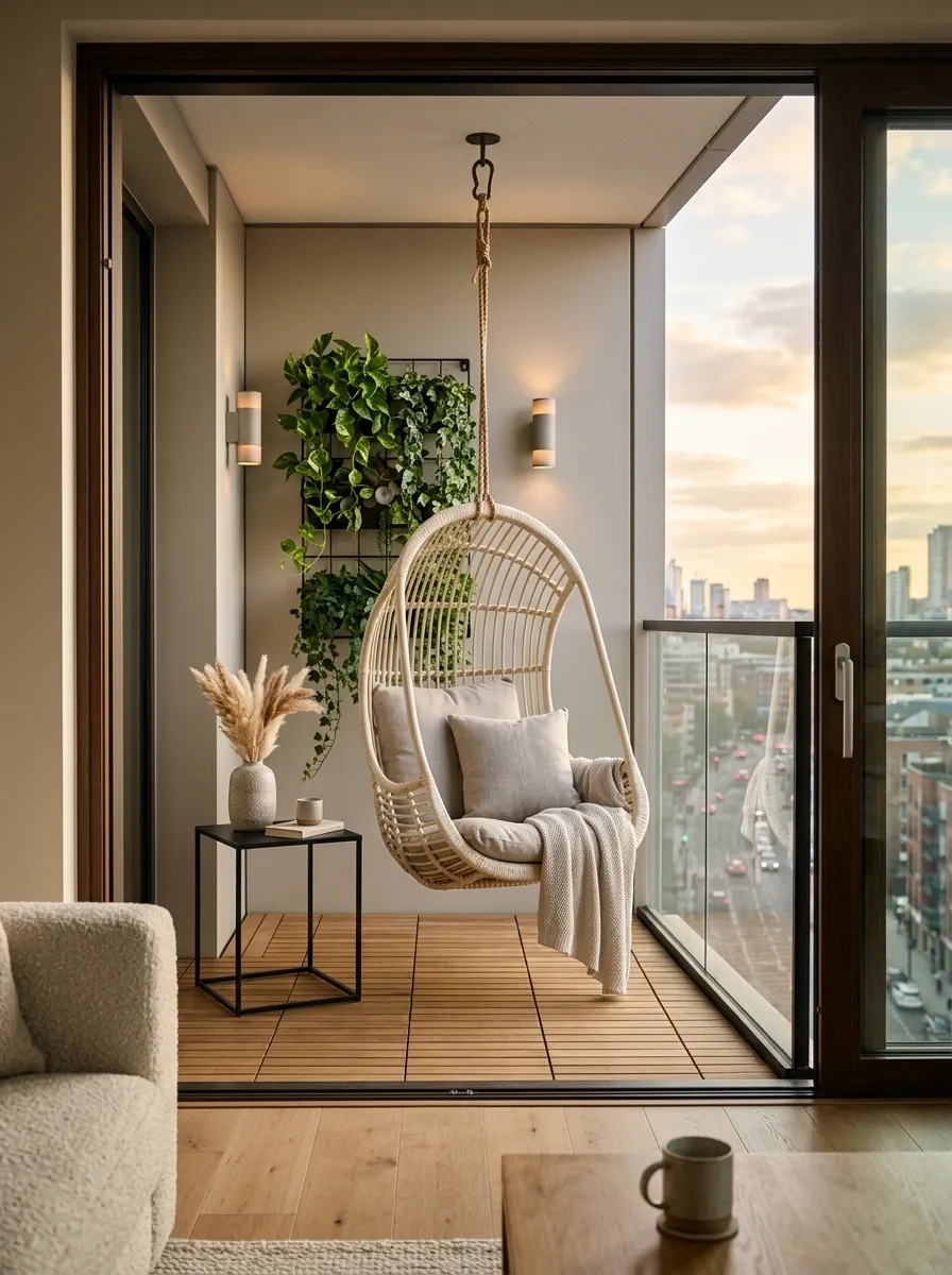 Compact Apartment Balcony With Hanging Swing Chair Composition