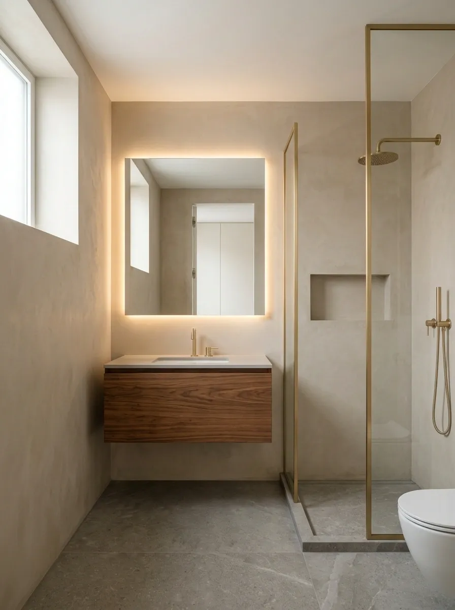 Compact Apartment Bathroom With Beige Microcement and Grey Stone