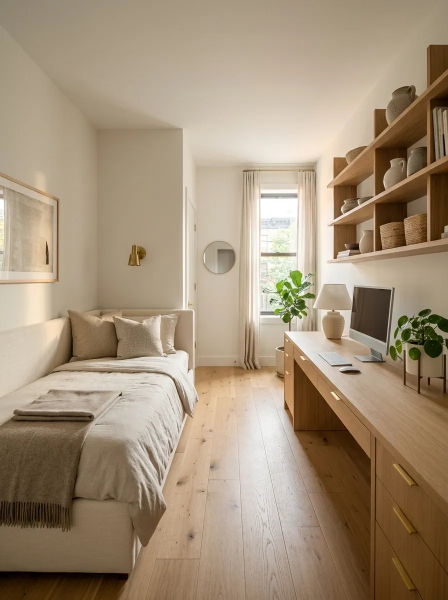 Compact Apartment Guest Room With a Daybed and Full-Length Desk