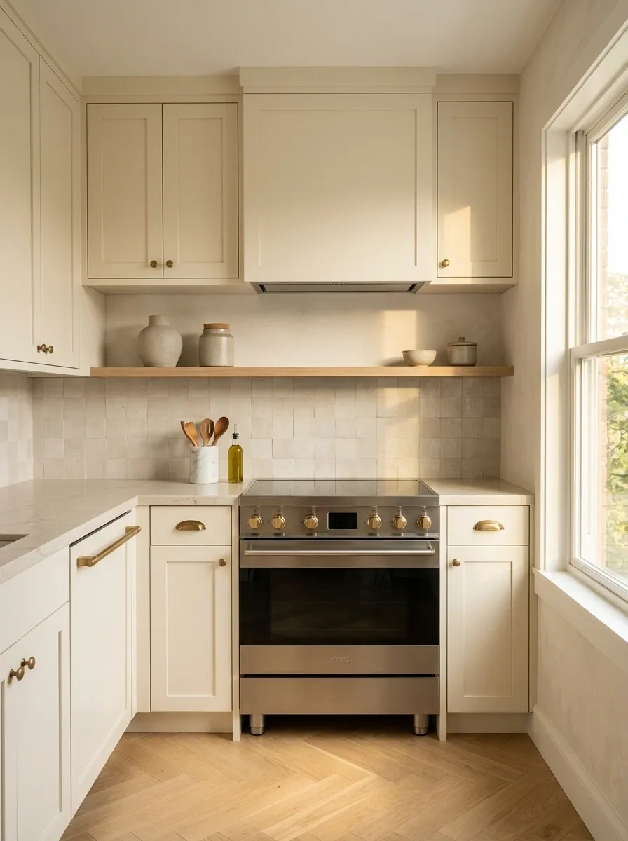 Compact Apartment Kitchen With Flush Hood and Slim Open Shelving