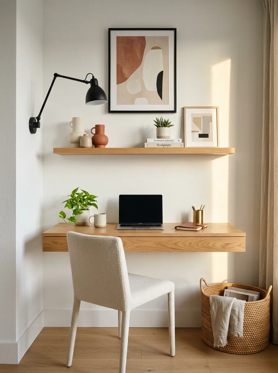 Compact Apartment Office With a Floating Desk Wall