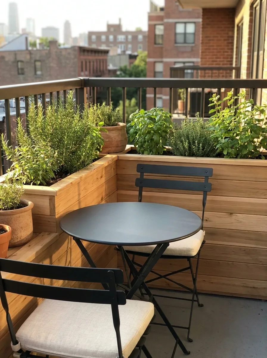 Compact Balcony Dining Corner Wrapped in Herb Planters